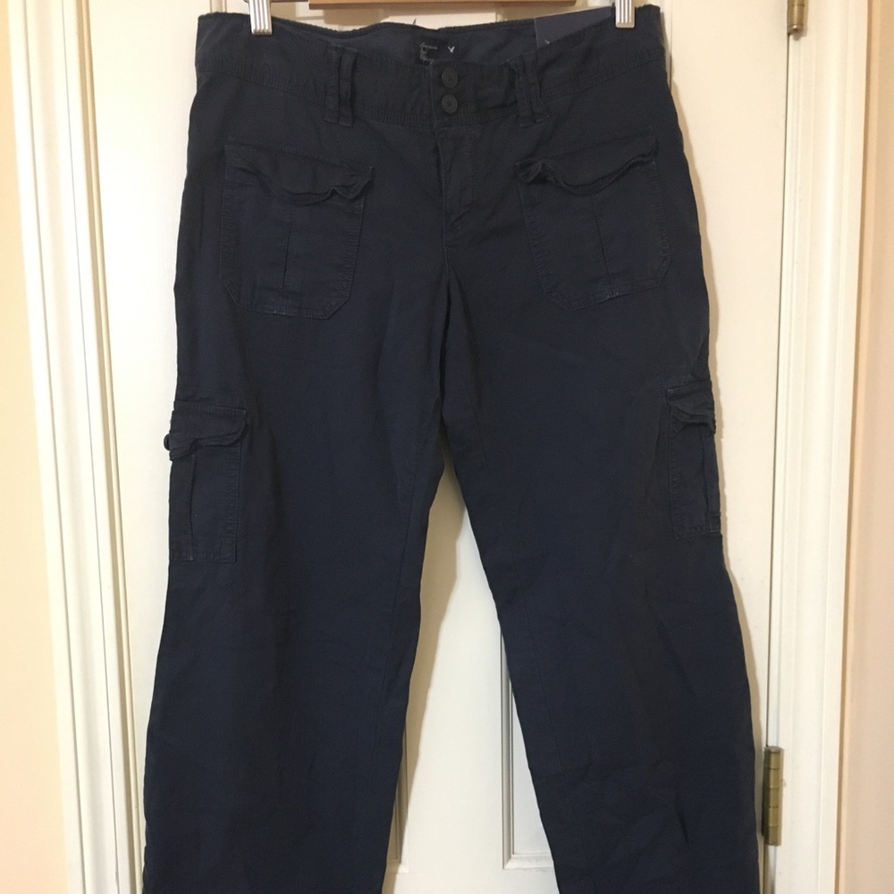 American Eagle blue cargo pants with ankle ties.